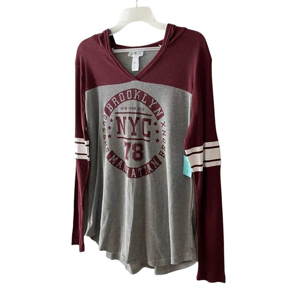 just be NYC Thermal Football Style V-neck Hooded Long Sleeve Shirt - Picture 11 of 16